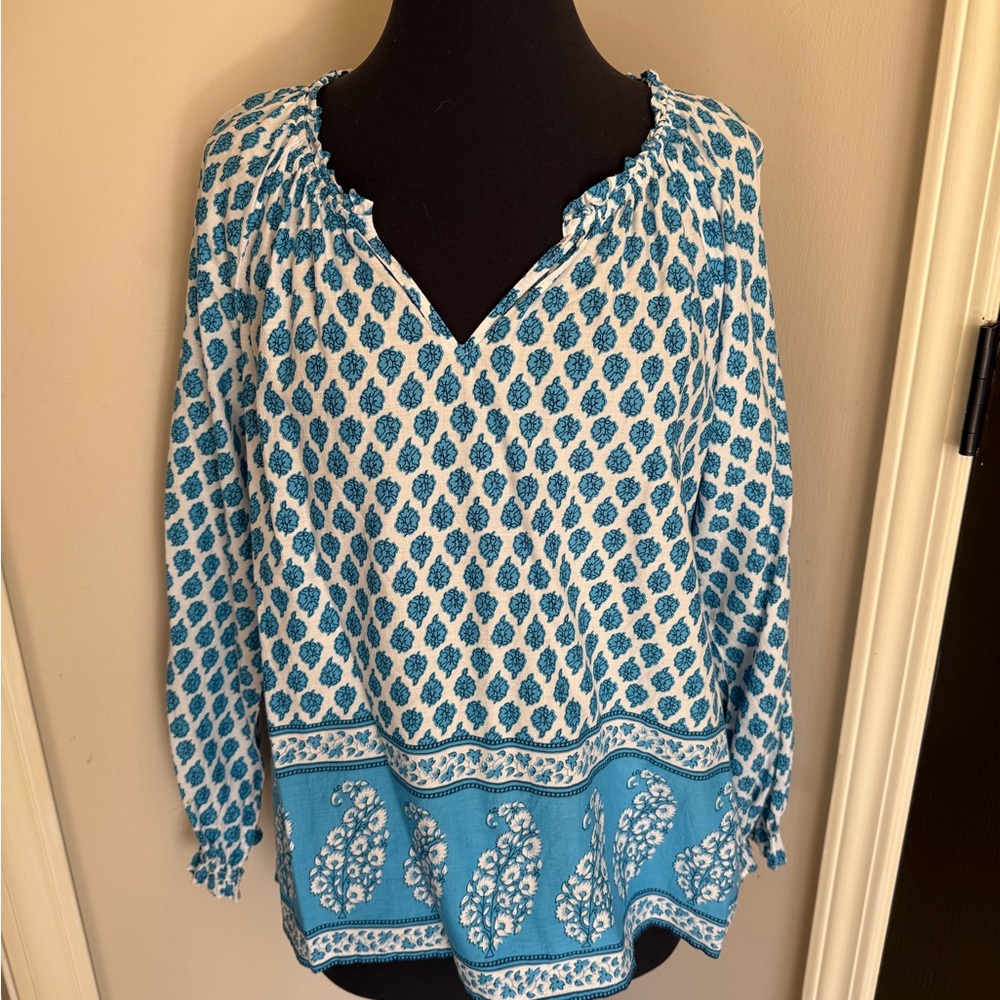 J. Crew Teal and White Patterned Blouse